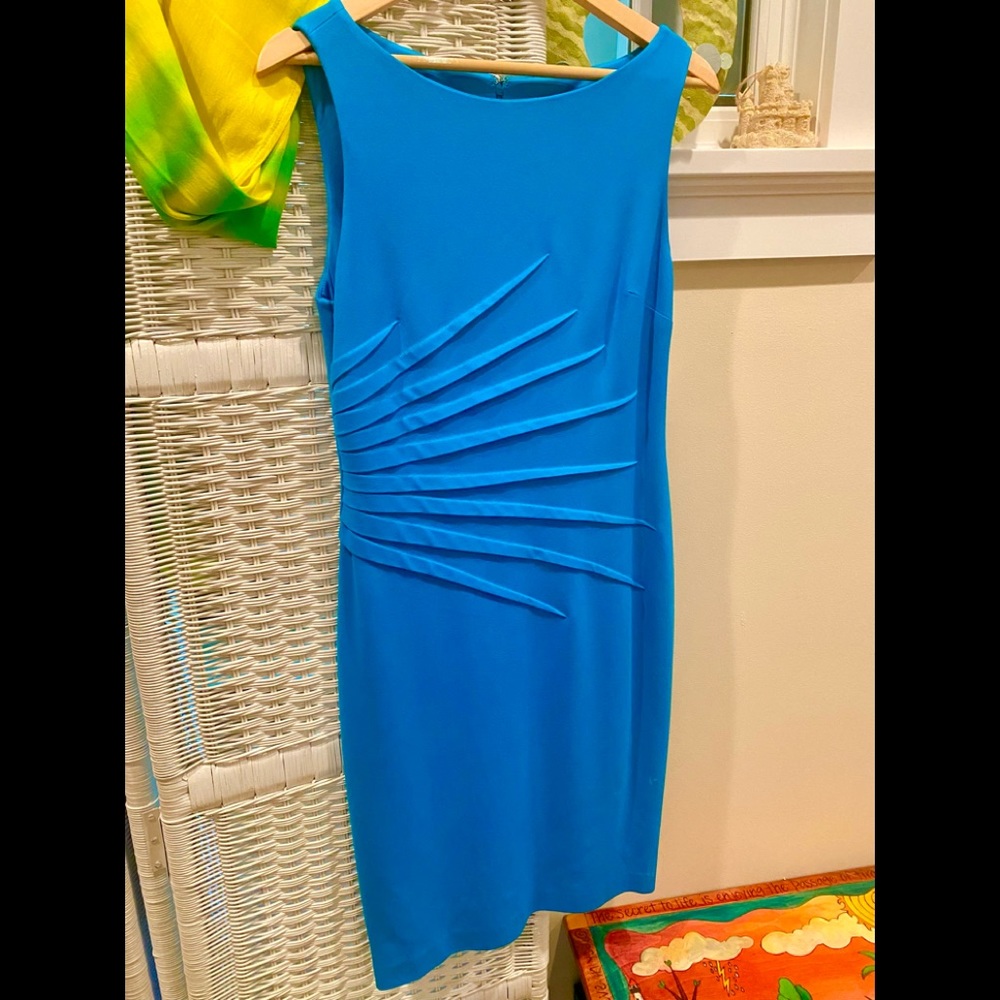 🌺 CACHE Bright Turquoise Sunburst Sheath Dress 12